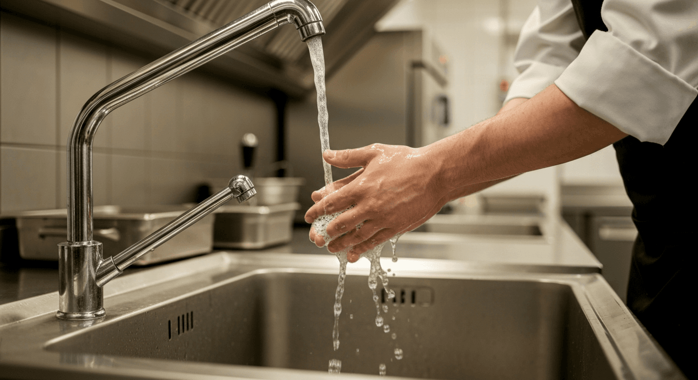 Level 2 food hygiene personal hygiene practice — chef thoroughly handwashing at a stainless steel basin in a UK commercial kitchen