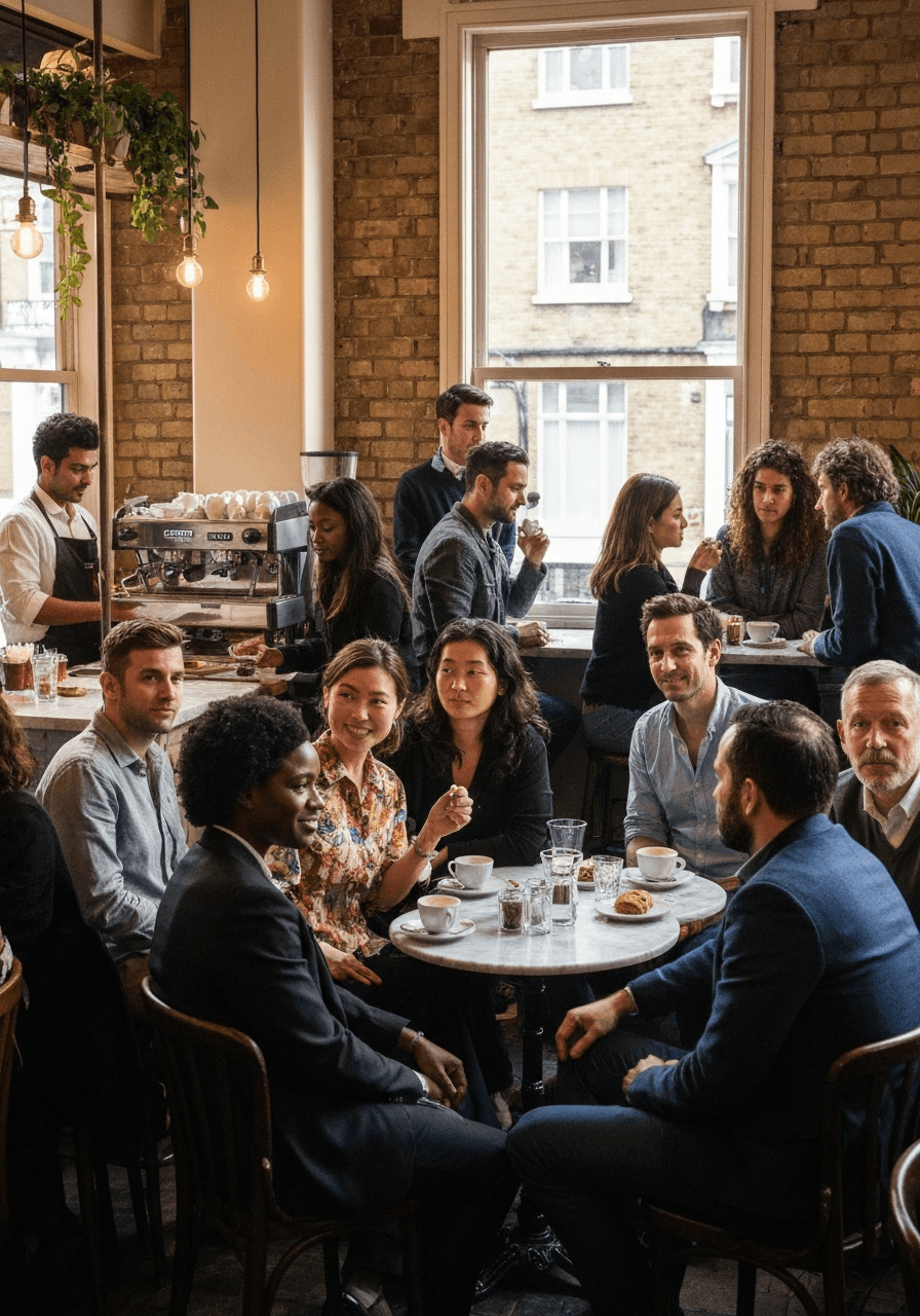 Busy front-of-house at an independent London cafe